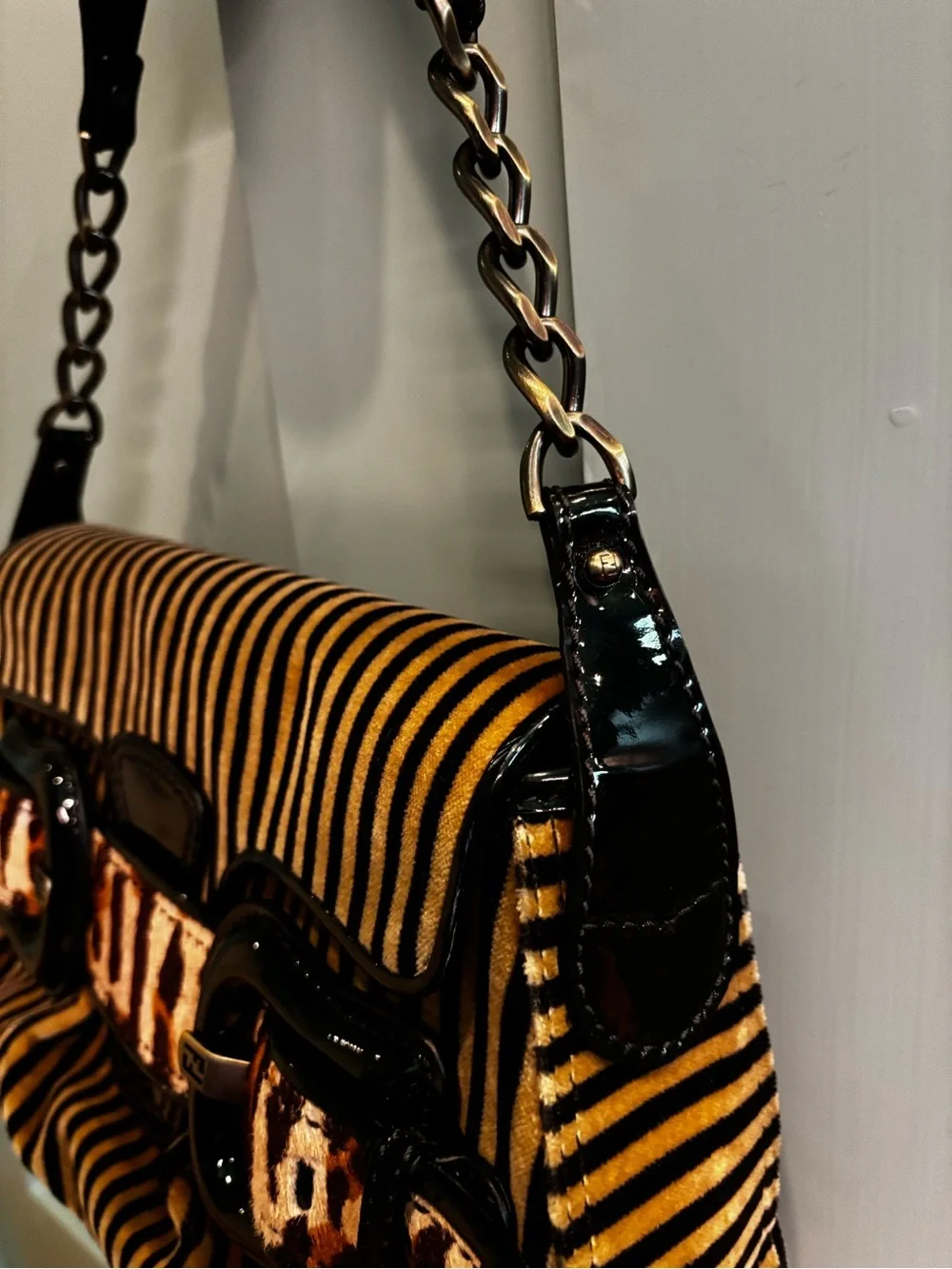 FENDI Pony Hair Stripe Leopard Baguette Shoulder Bag Patent Leather Rare - Picture 12 of 16